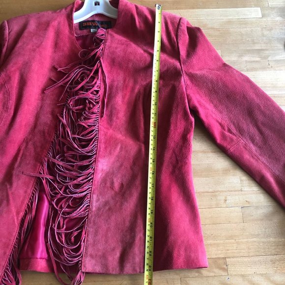 3BWest Women's Fringed Leather Jacket Red Suede Open Front - Picture 11 of 11